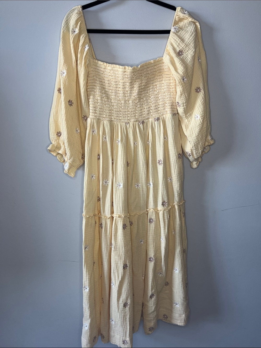 Butter Yellow floral embroidered smocked bust half puff sleeve gauzycotton dress